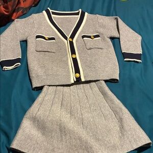 Gray Cardigan and Skirt Set with Gold Buttons